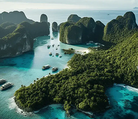 Overhead photo of Phi Phi islands and turquoise sea