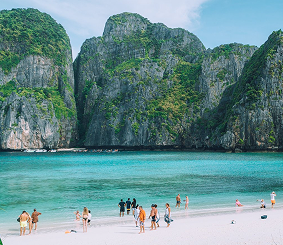 Aerial view of Maya Bay cliffs and turquoise water