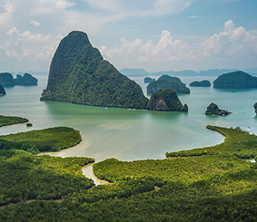 Panoramic view of Phang Nga Bay limestone karsts